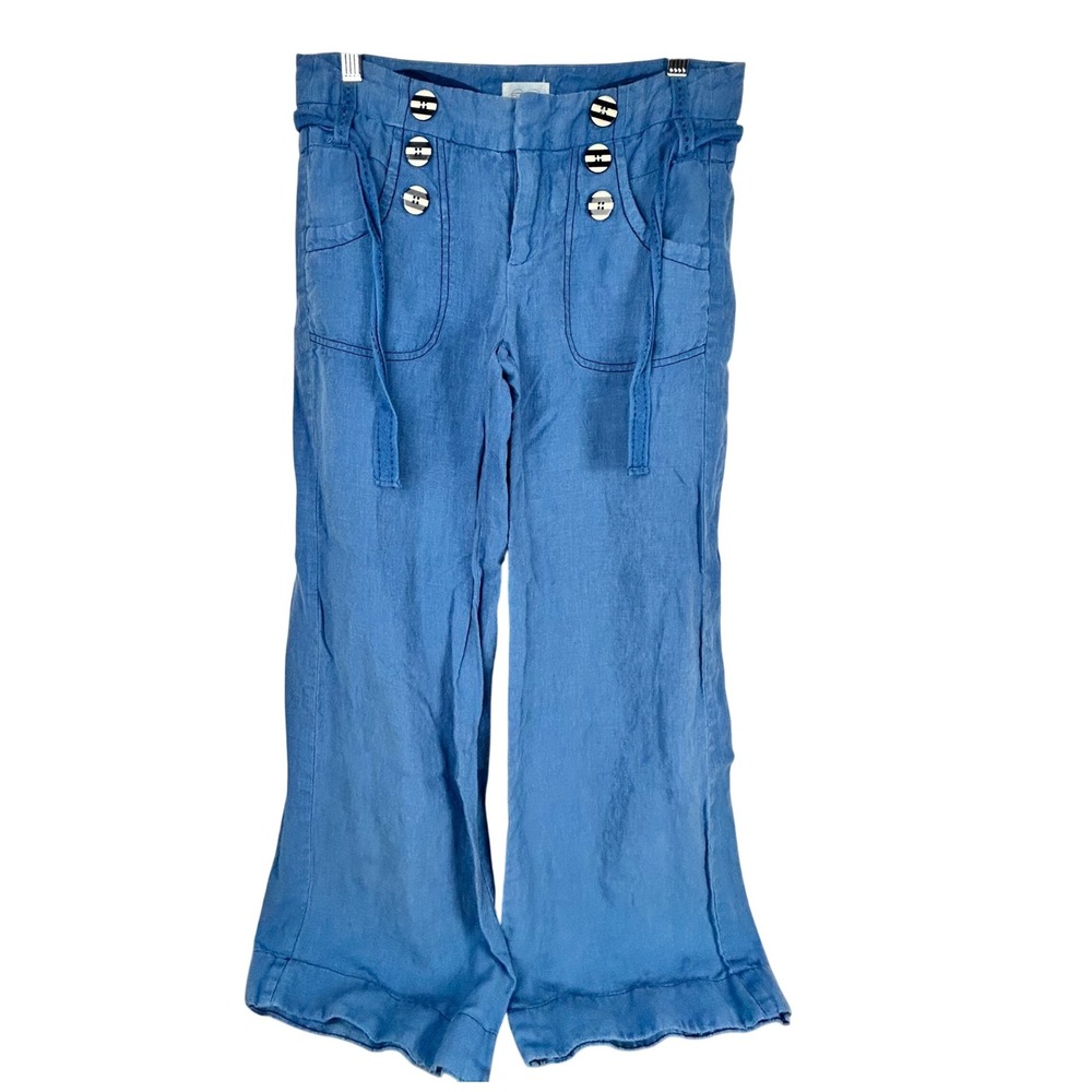 Anthropology Cidra Blue Linen Wide Leg Sailor Pants Women's Size 2 Button Detail